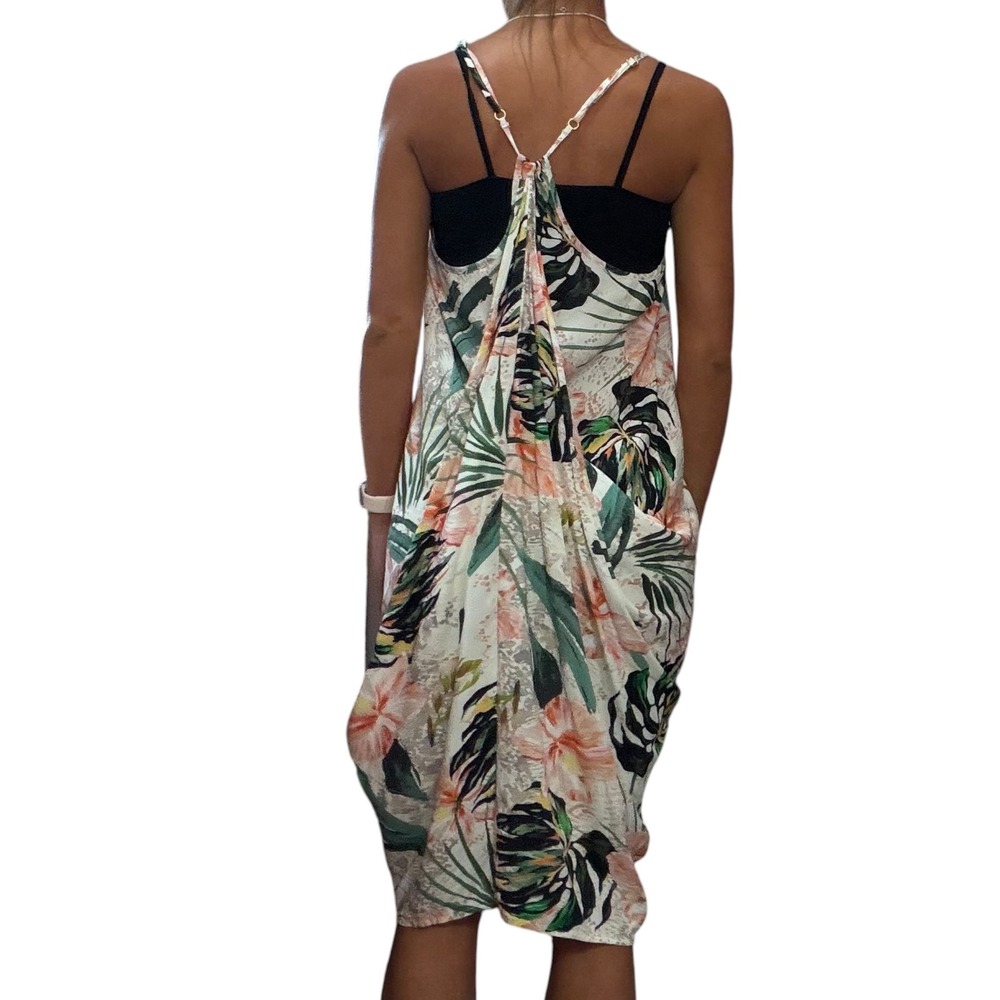 Mynah Women S White Pink Palm Tropical Floral Tulip Beach Coverup Dress Nautical - Picture 4 of 16